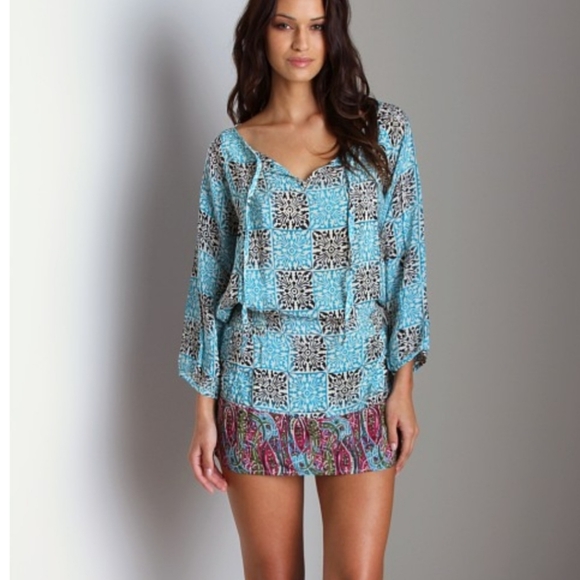 Tolani 100% Silk Deepa Mini Dress Turquoise Mosaic, Size Small - Picture 2 of 11